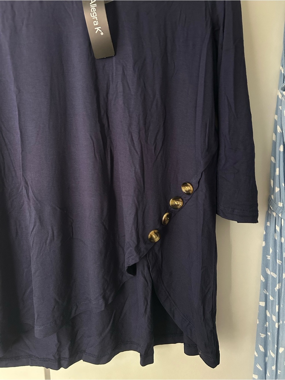 Allegra K Deep Navy Crewneck Tunic. Soft w stretch. Faux Button detail